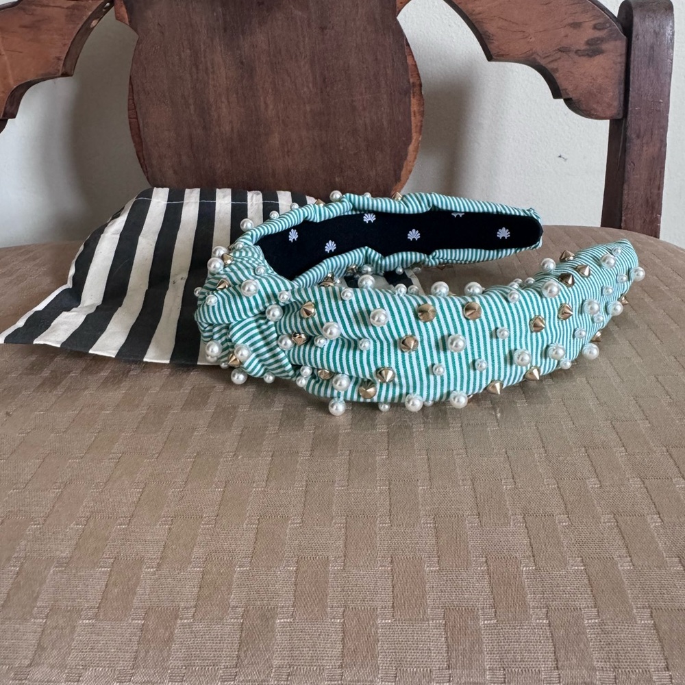 Lele Sadoughi Green & White Stripe Seersucker Pearl Gold Stud Headband SOLD OUT